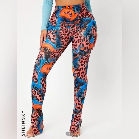 SHEIN SXY Women’s Multicolor Leopard and Marble Print Split Hem Leggings Large - Picture 1 of 14